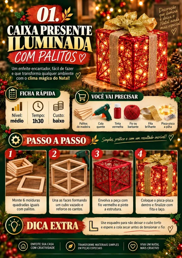 Caixa presente iluminada com palitos do Especial de Natal