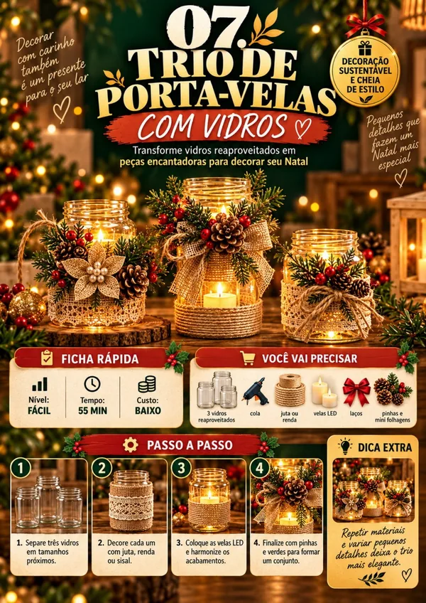 Trio de porta-velas com vidros reaproveitados: ficha visual completa