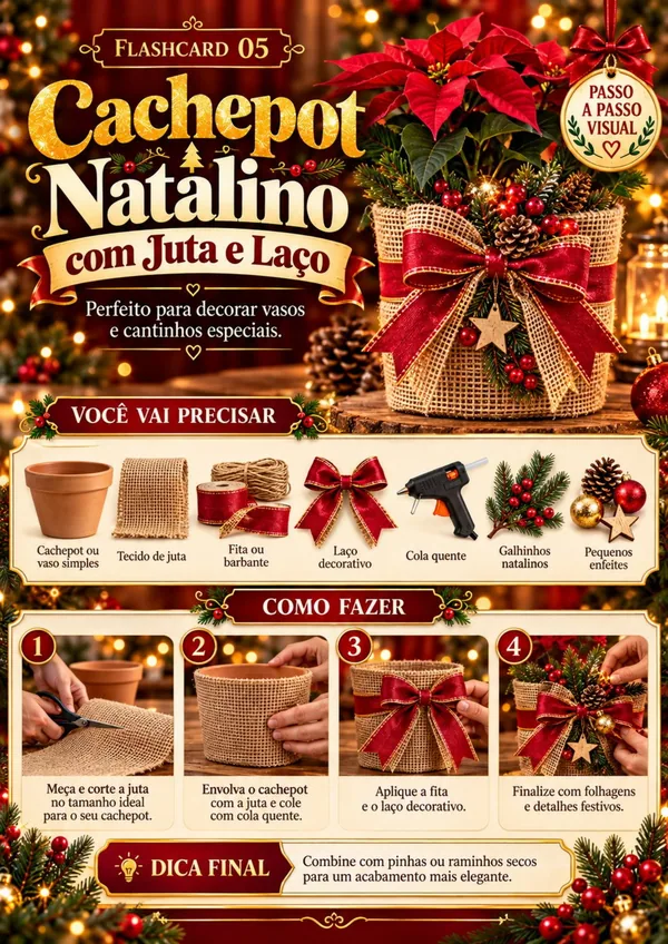 Cachepot natalino com juta e laço: materiais e passo a passo visual
