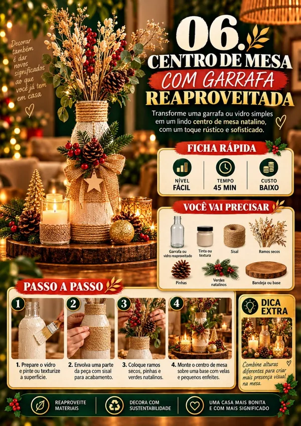 Centro de mesa natalino com garrafa reaproveitada: ficha visual completa