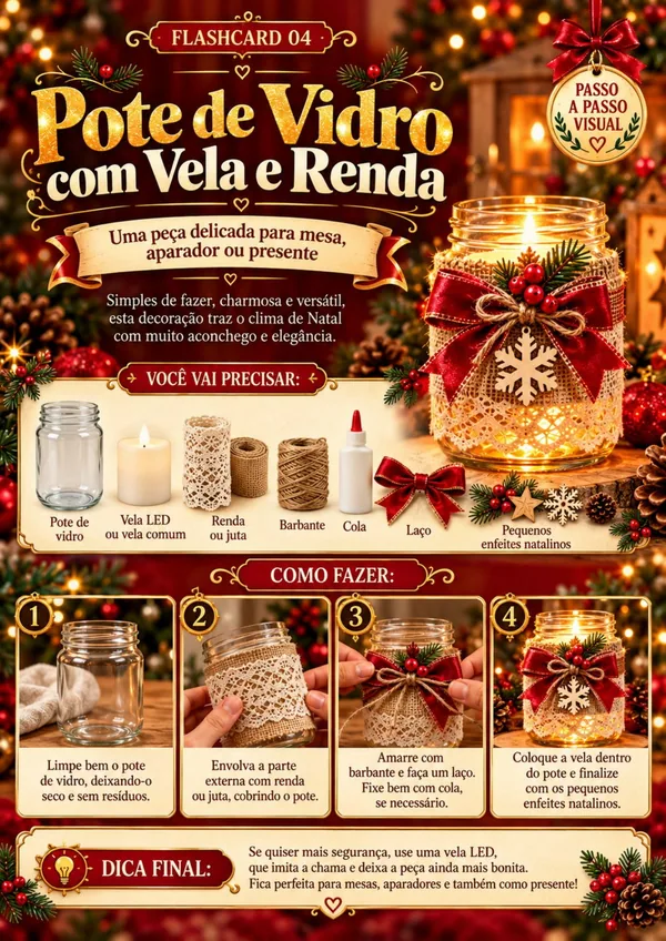 Pote de vidro com vela e renda: materiais e passo a passo visual