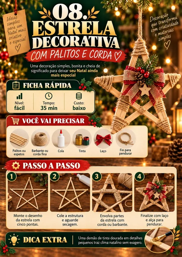 Estrela decorativa com palitos e corda: ficha visual completa