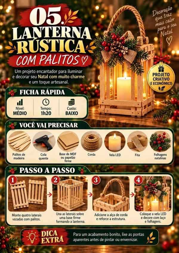 Lanterna rústica com palitos e vela LED: ficha visual completa