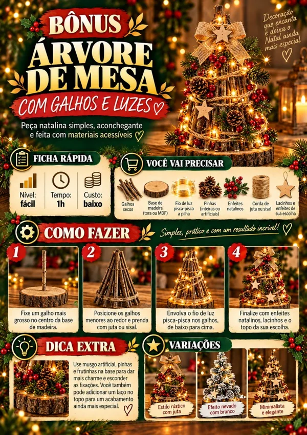 Árvore de mesa com galhos e luzes do Especial de Natal